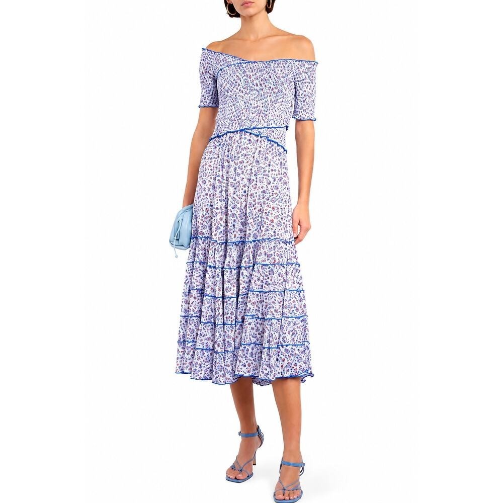 Poupette St. Barth Soledad Floral Midi Dress Blue Magnolia Small